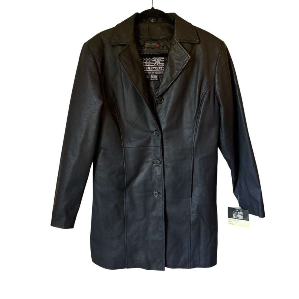 USA Biker Dream Apparel Black Leather Long Motorcycle Mens Jacket Size Large NWT